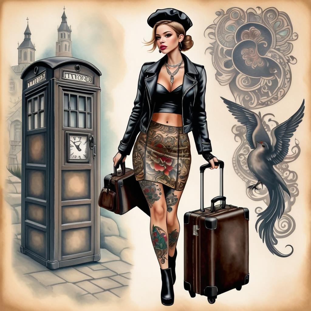 Stylish Woman with Tattoos in Chic Outfit and Suitcase