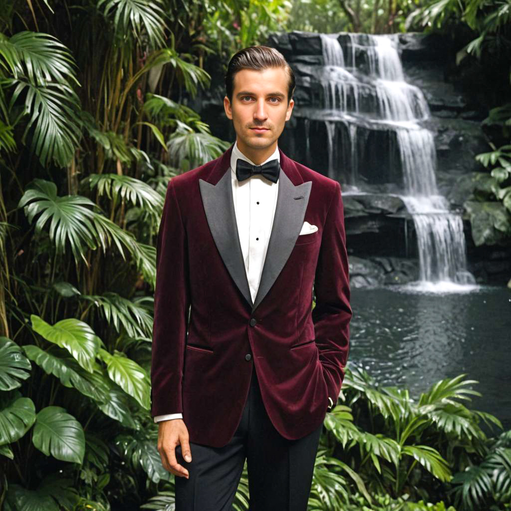 Stylish Man in Burgundy Velvet Tuxedo Against Tropical Backdrop