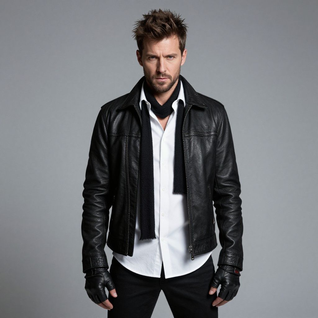 Confident Man in Black Leather Jacket and Scarf Fashion Portrait