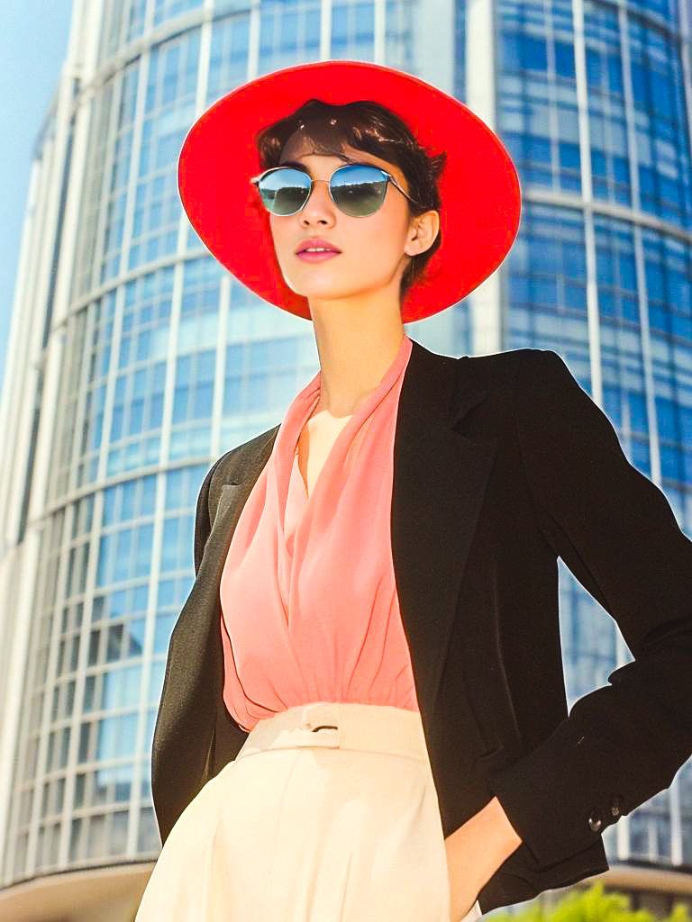 Fashionable Woman in Red Hat Against Skyscrapers