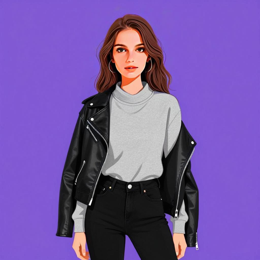 Casual Urban Fashion Woman in Grey Cowl Neck Sweater and Black Leather Jacket