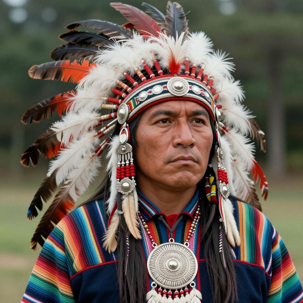 Native American Man in Traditional Feathered Headdress and Colorful Attire