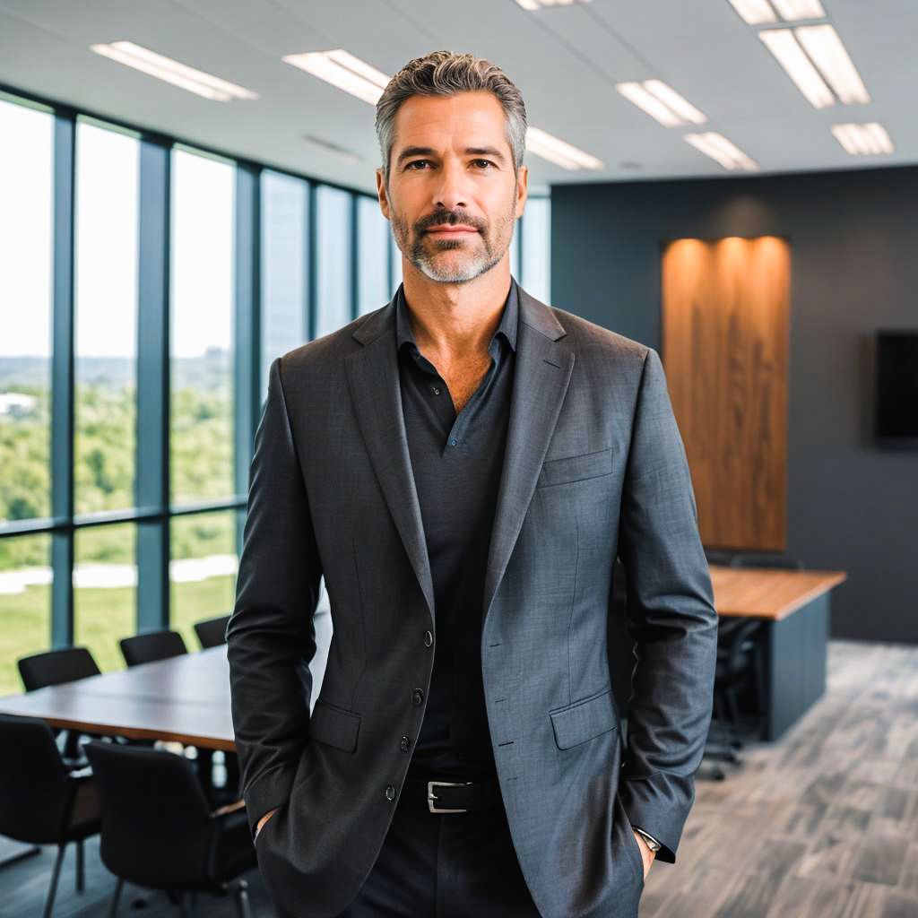 Confident Man in Stylish Gray Suit in Modern Office