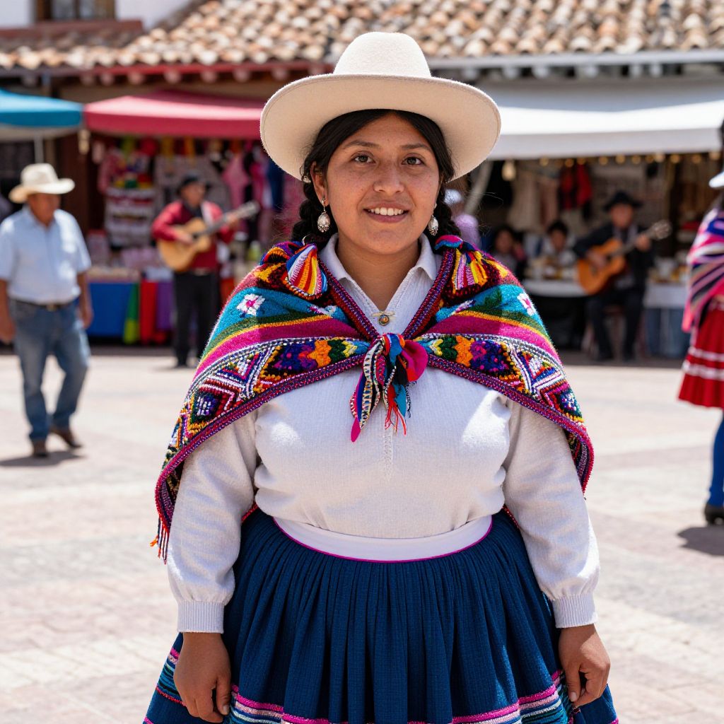 Traditional Andean Woman in Colorful Textile Shawl at Market