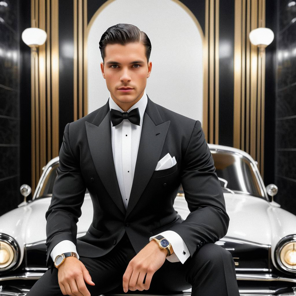 Stylish Young Man in Tuxedo with Vintage Car