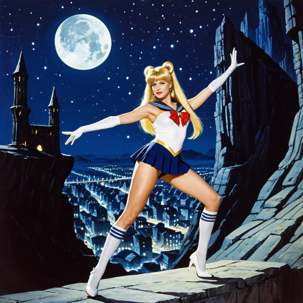 Sailor Moon Cosplay Woman Posing Under Full Moon Night Cityscape