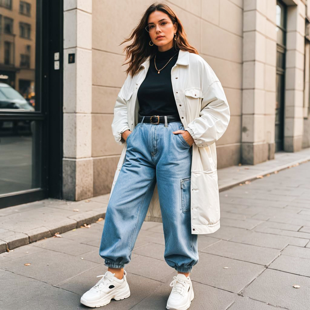 Trendy Street Fashion: Woman in Oversized Jacket and Baggy Jeans