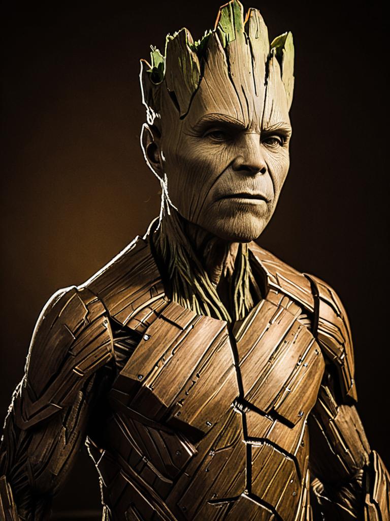 Realistic Man Cosplay Wearing Groot Costume with Detailed Wood Texture Realistic Man Cosplay Wearing Groot Costume with Detailed Wood Texture