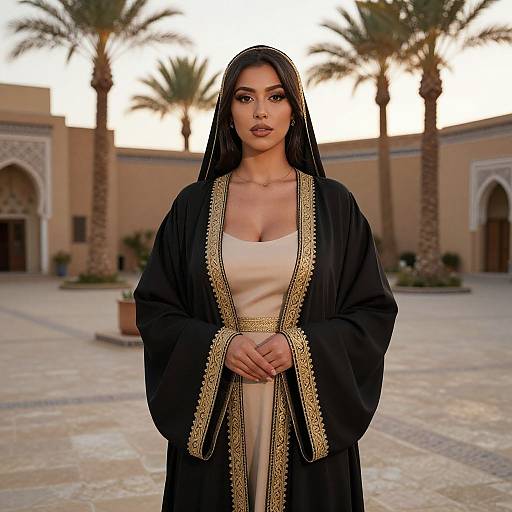 Elegant Woman in Traditional Embroidered Black Abaya in Middle Eastern Courtyard