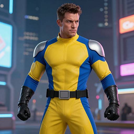 Man in Yellow and Blue Futuristic Superhero Costume with Metallic Armor