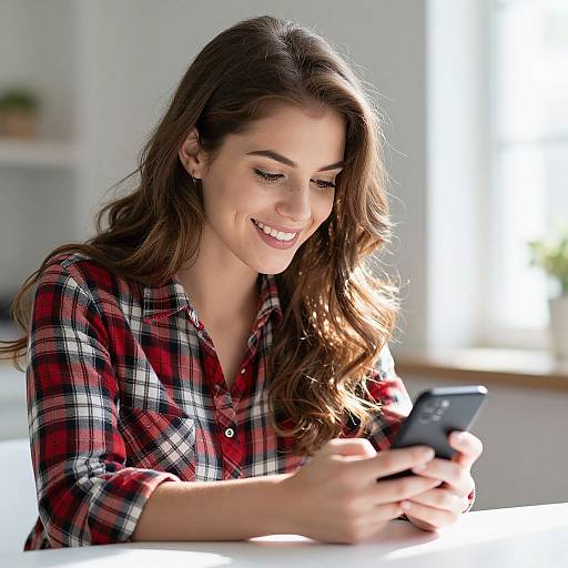Young Woman in Red Plaid Shirt Using Smartphone Indoors