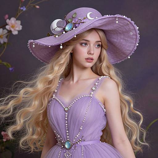 Elegant Woman in Lavender Pearl-Embellished Dress with Celestial Hat