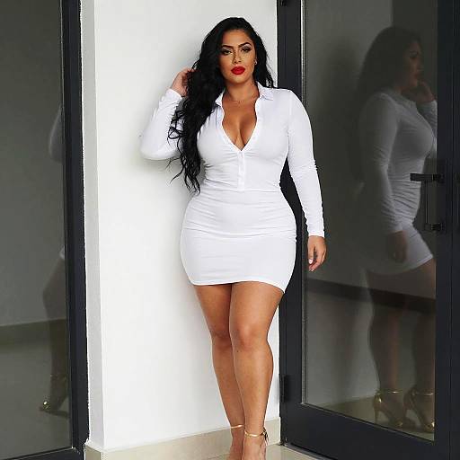 Confident Woman in White Fitted Mini Dress with Red Lipstick and Gold Heels