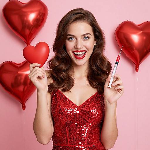 Smiling Woman in Red Dress Holding Heart and Syringe with Heart Balloons