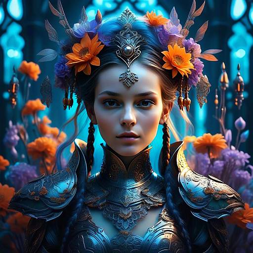 Fantasy Woman Warrior with Ornate Armor and Floral Headpiece