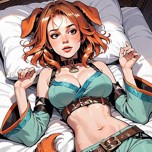Red-Haired Anime Woman with Dog Ears in Fantasy Outfit Lying on Bed