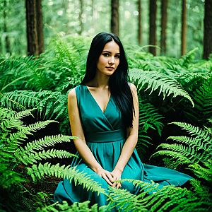 Serene Woman in Forest with Ferns