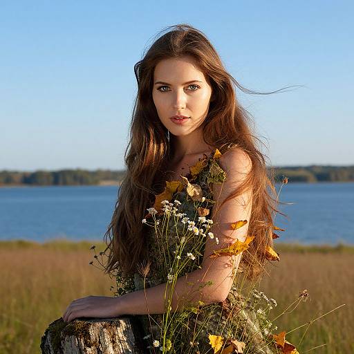 Young Woman in Nature with Autumn Leaves by Lake