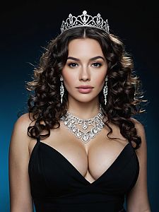 Elegant Woman Wearing Tiara and Statement Jewelry in Black Gown