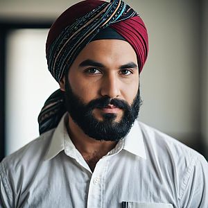 Confident Man in Red Turban and White Shirt