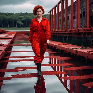 Confident Woman in Red Jumpsuit on Metal Structure