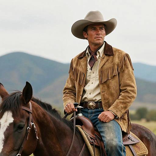Western Cowboy Sitting on Horse in Open Landscape