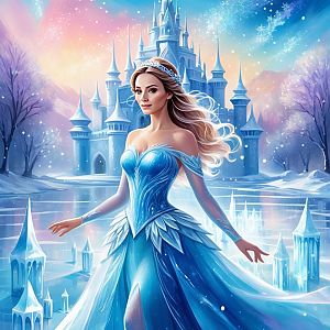 Elegant Woman in Icy Blue Gown Before Frozen Castle