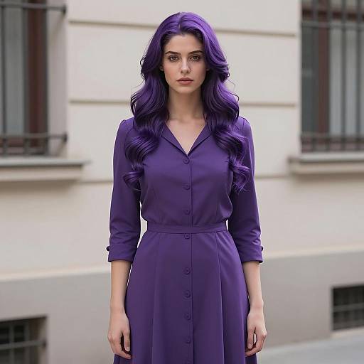 Woman with Purple Hair Wearing Stylish Purple Dress Outdoors