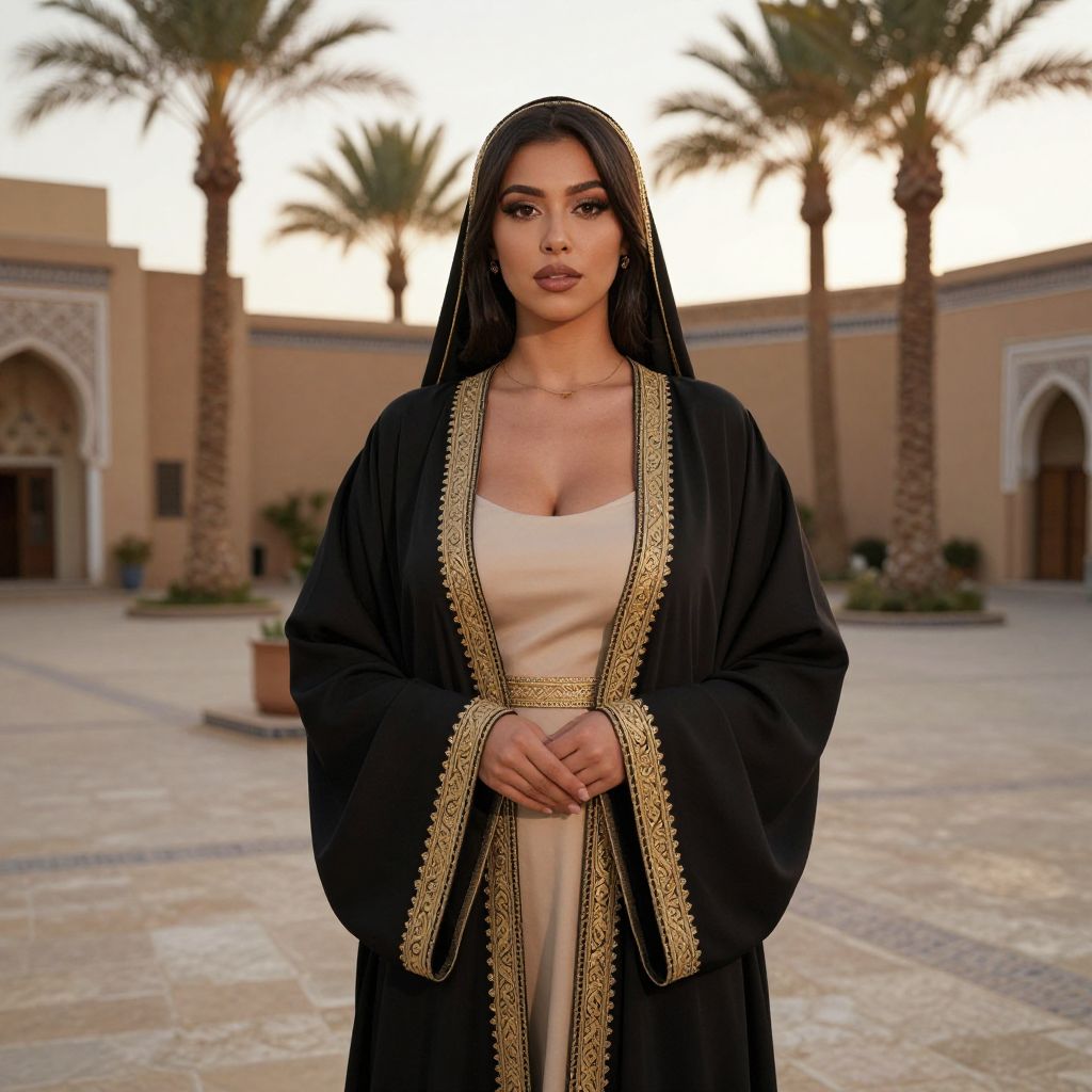 Elegant Woman in Traditional Embroidered Black Abaya in Middle Eastern Courtyard