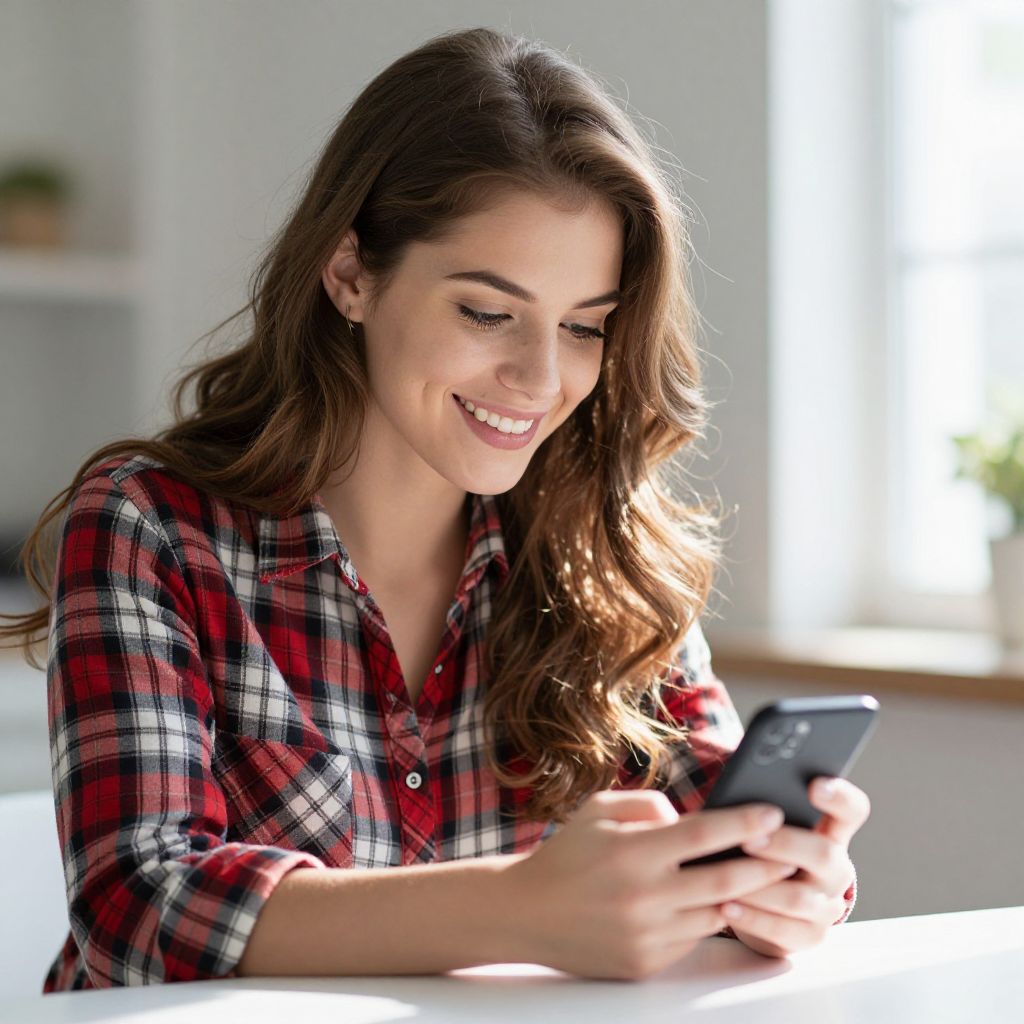 Young Woman in Red Plaid Shirt Using Smartphone Indoors