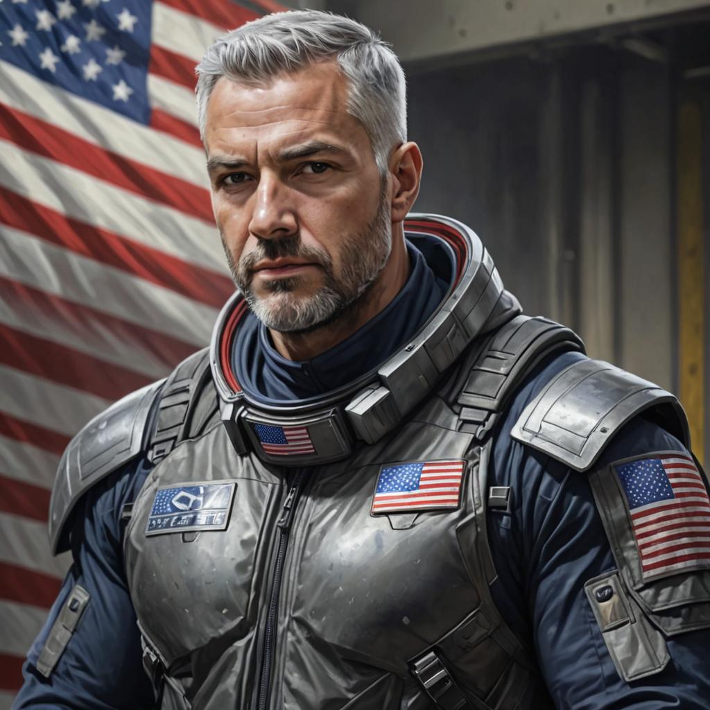 Tall muscular man in tactical space-themed uniform with American flag patches