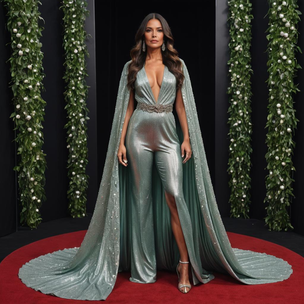 Glamorous Woman in Metallic Jumpsuit with Cape on Red Carpet