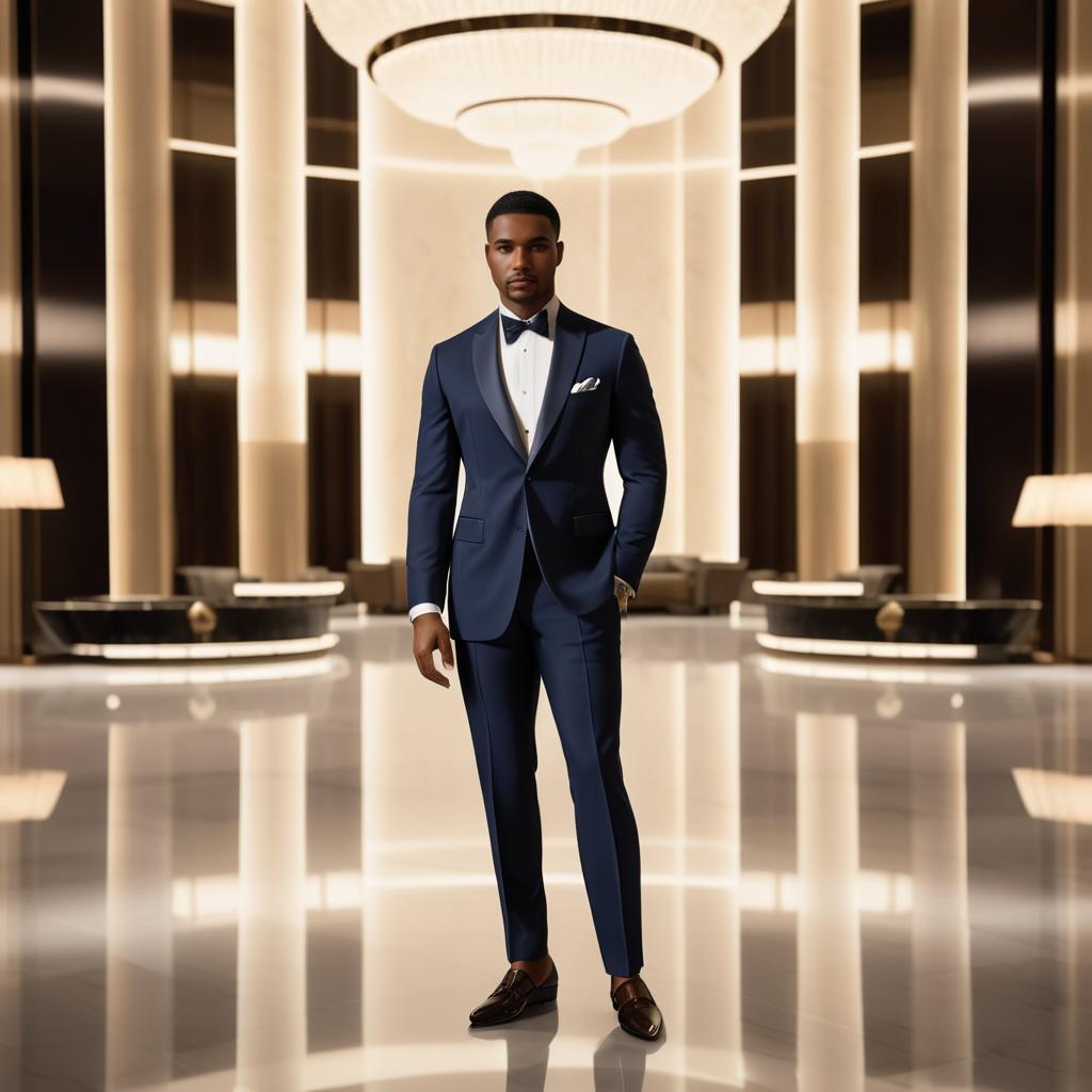 Man in Elegant Navy Tuxedo in Upscale Setting