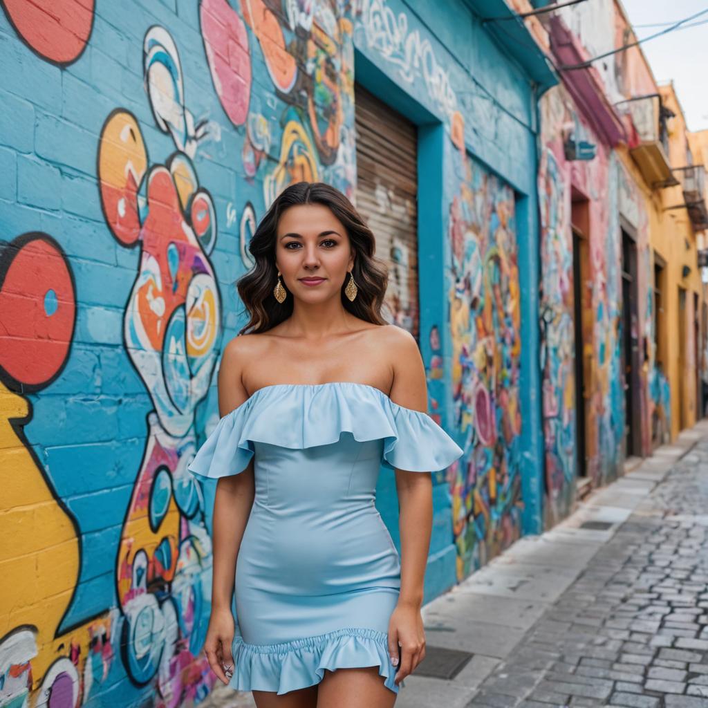 Woman in Blue Dress Against Vibrant Street Art Mural