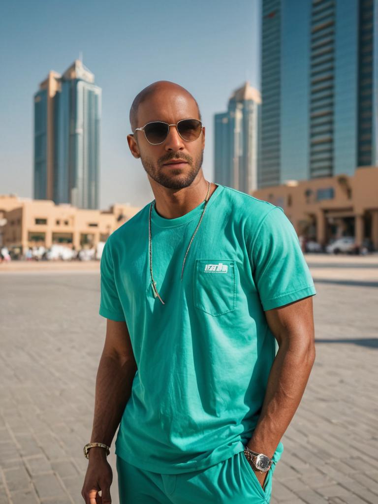 Confident Man in Stylish Teal Outfit Against Urban Backdrop