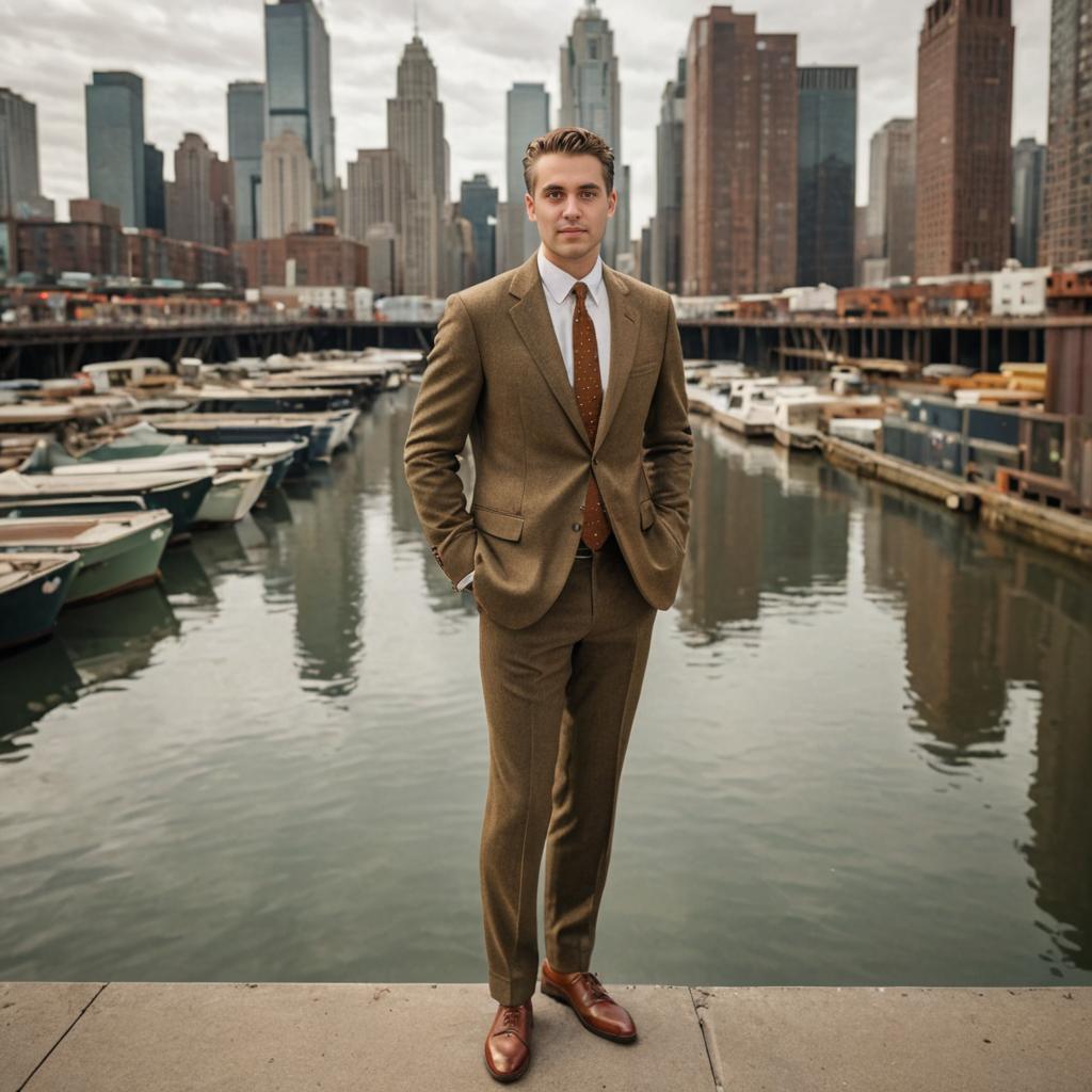 Man in Tailored Suit by Waterfront with City Skyline