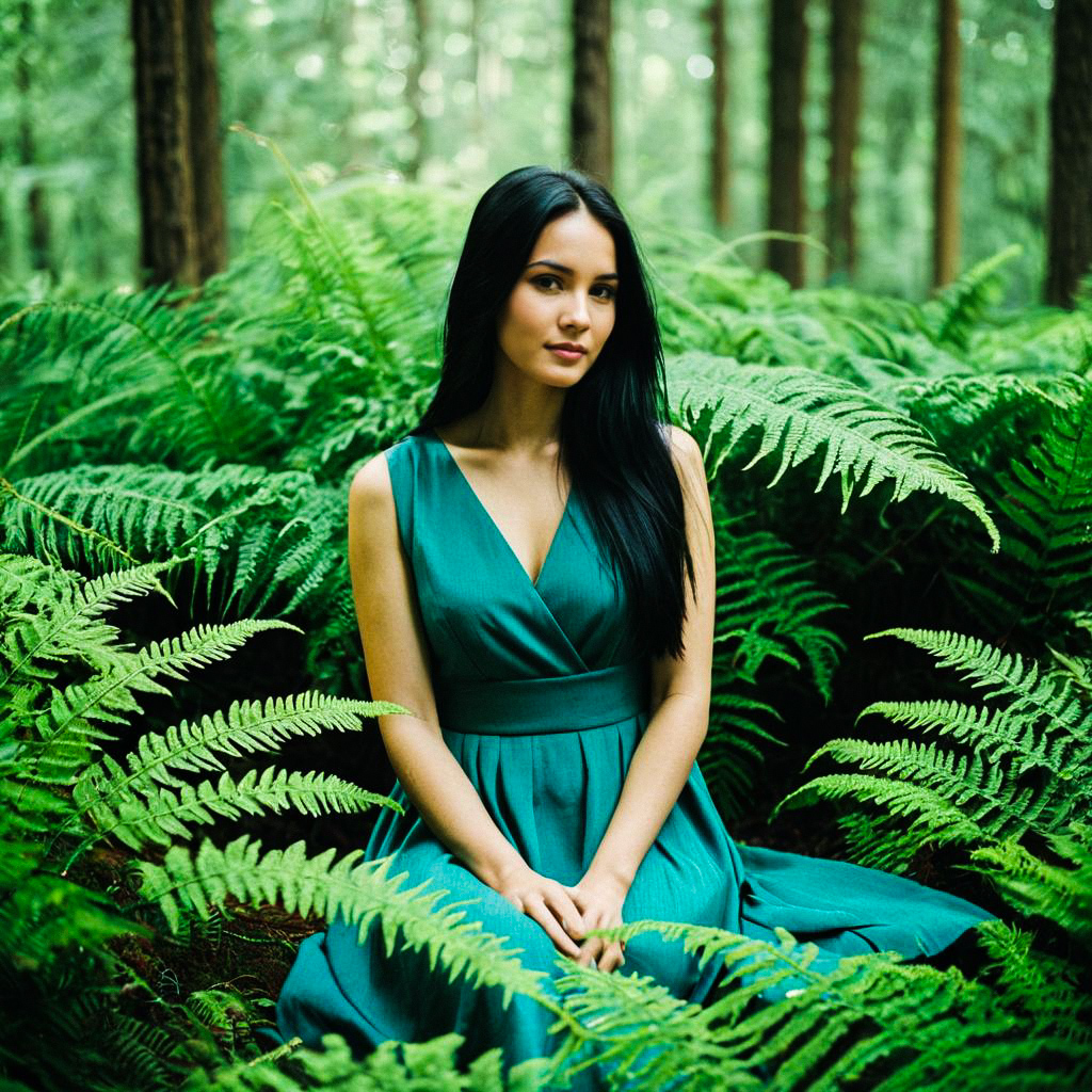 Serene Woman in Forest with Ferns