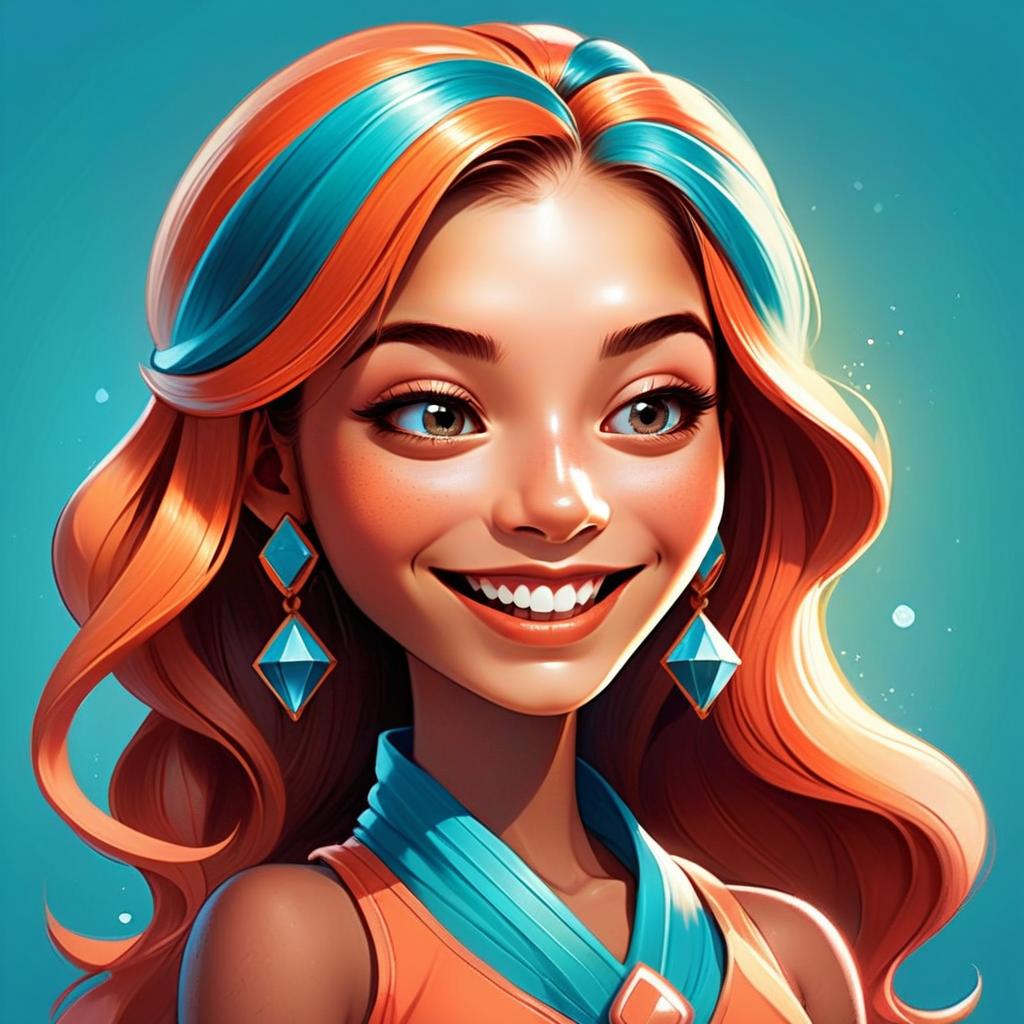 Vibrant Illustration of a Smiling Woman with Red and Blue Hair