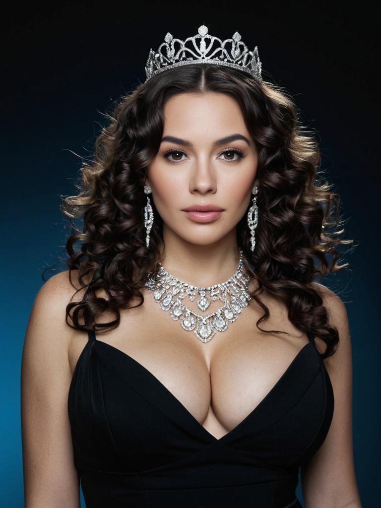 Elegant Woman Wearing Tiara and Statement Jewelry in Black Gown Elegant Woman Wearing Tiara and Statement Jewelry in Black Gown