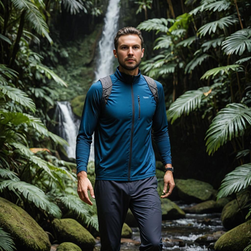 Confident Man in Athletic Attire in Lush Forest with Waterfall