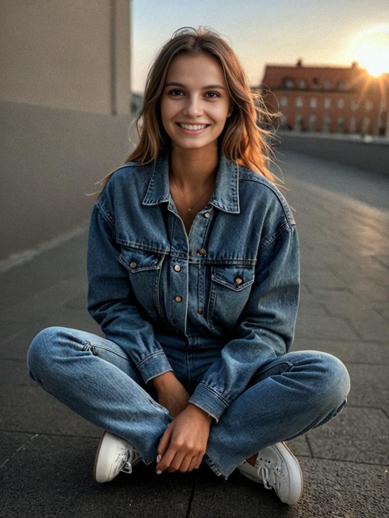 Cheerful Woman in Denim at Sunset