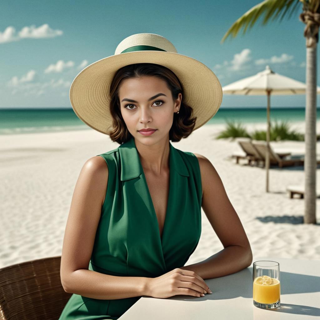 Stylish Woman in Green Dress by Beach