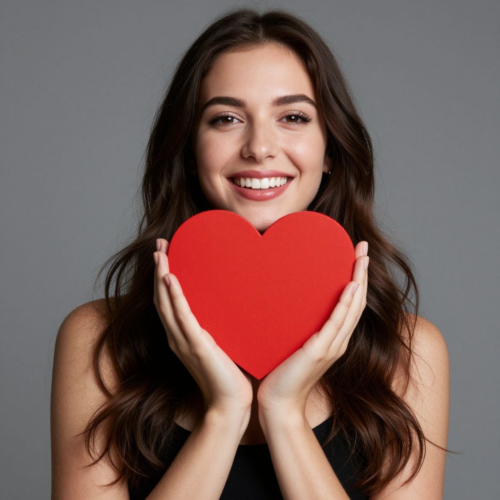 Smiling Woman Holding Red Heart Symbol of Love