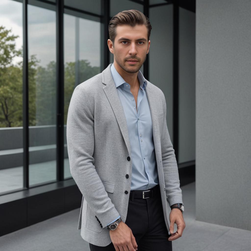 Stylish Man in Gray Blazer and Blue Shirt