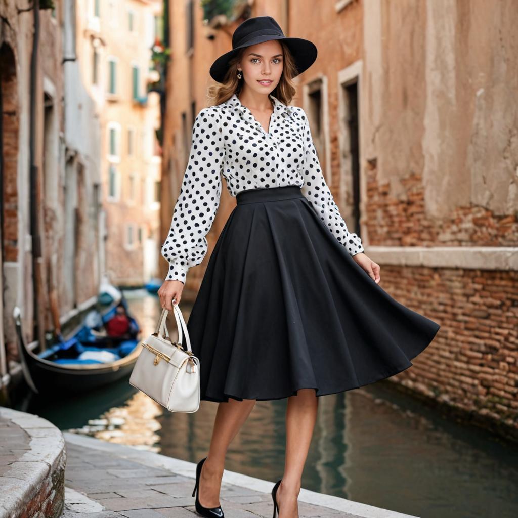 Chic Woman in Polka Dot Blouse and Flared Skirt in Venice