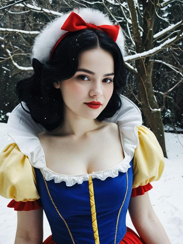 Young Woman in Vintage Costume in Snowy Forest