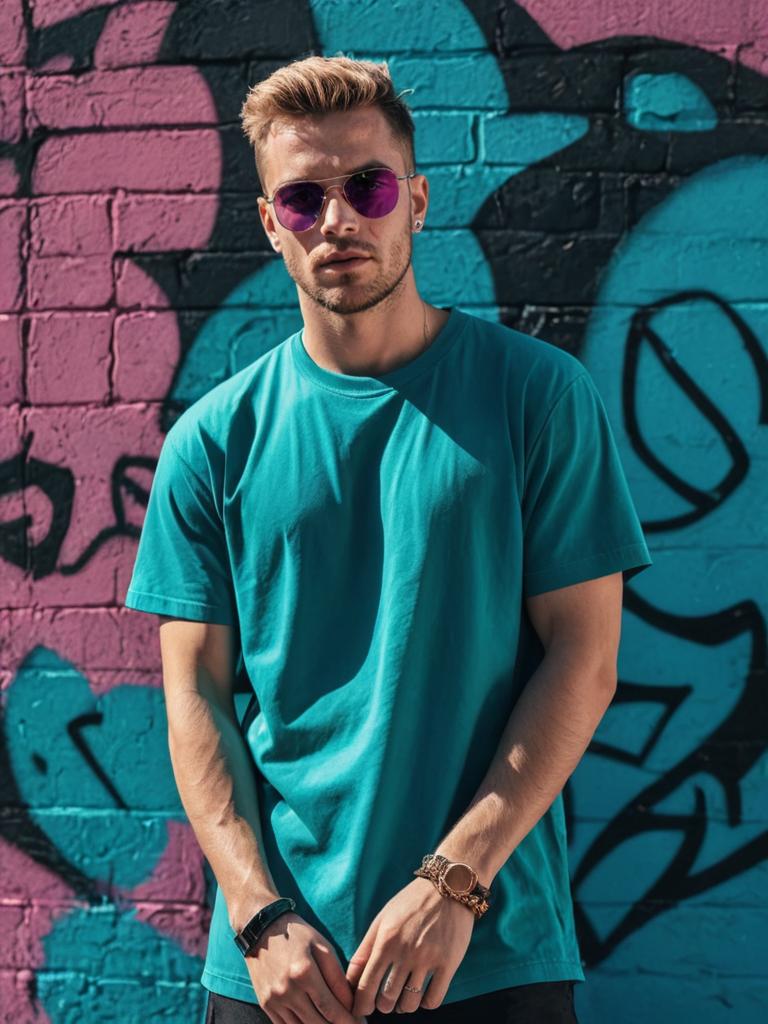 Stylish man in front of graffiti wall