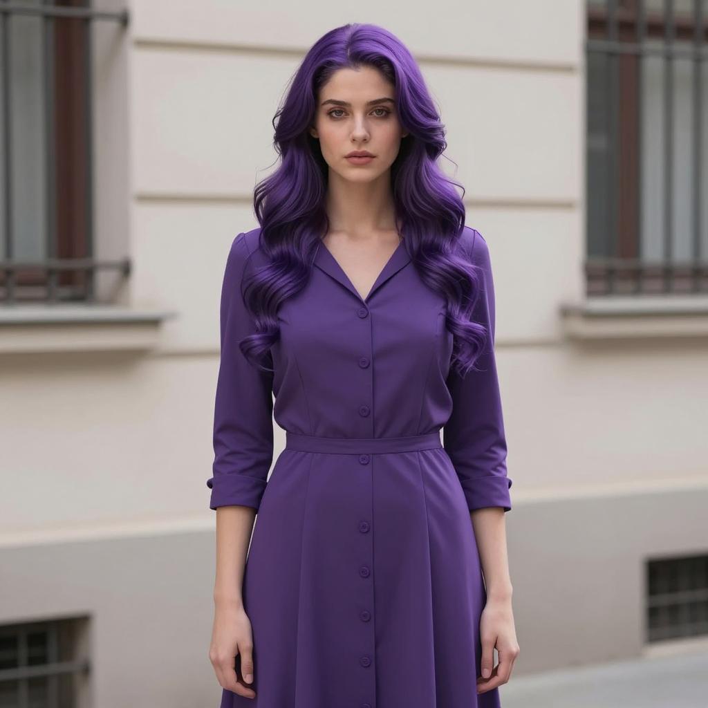 Woman with Purple Hair Wearing Stylish Purple Dress Outdoors