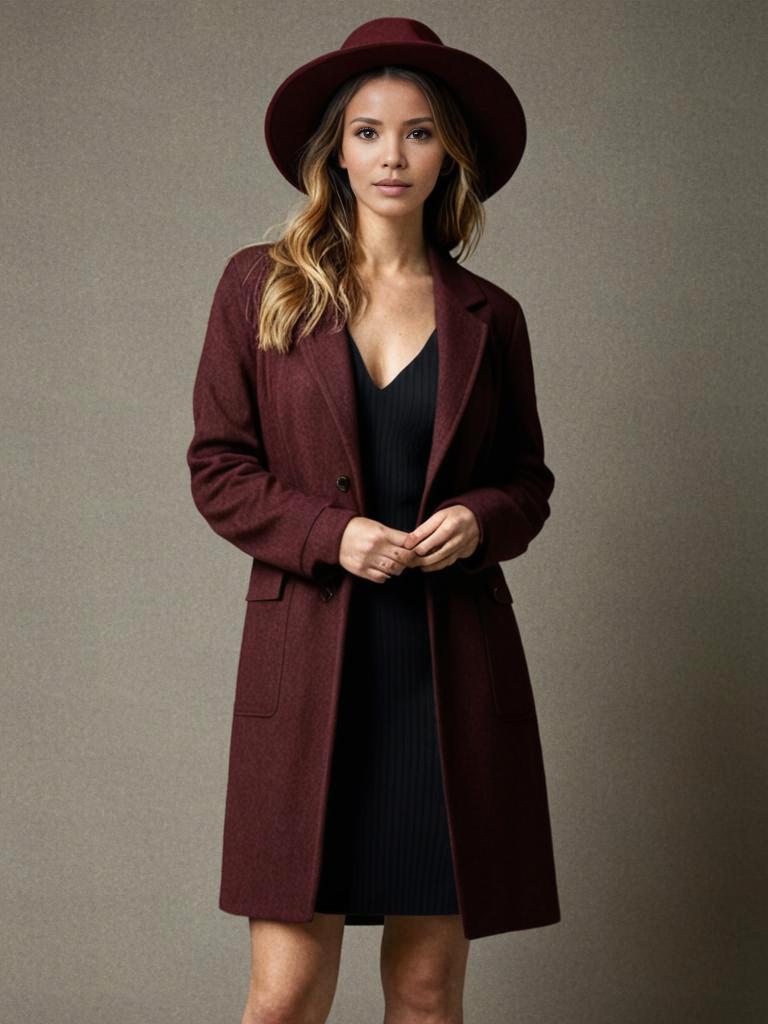 Confident Woman in Maroon Coat and Hat