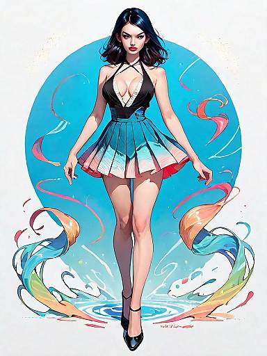 Stylish Woman in Pleated Skirt Digital Comic Art Full Body Illustration